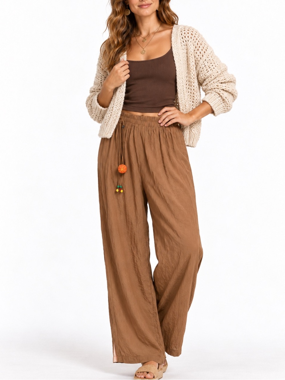 Boho Tan Brown Wide Leg Palazzo Pants Side Slit Flowy Beach Resort Bohemian